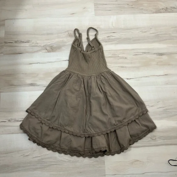 Aerie Brown Babydoll Dress XS Ribbed Top Tiered Skirt Lace Trim Boho Cami - Picture 10 of 12